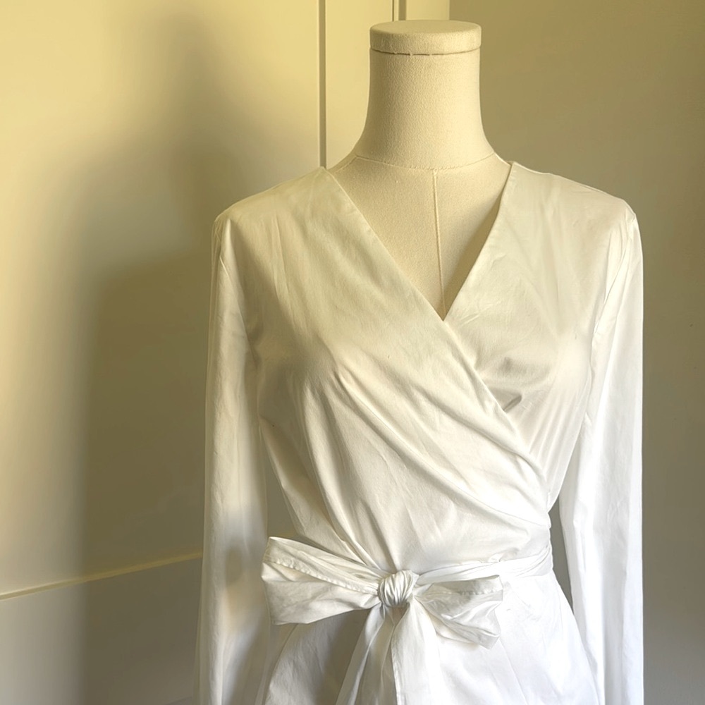 Halogen White Cotton Blend Long Sleeve Wrap Top